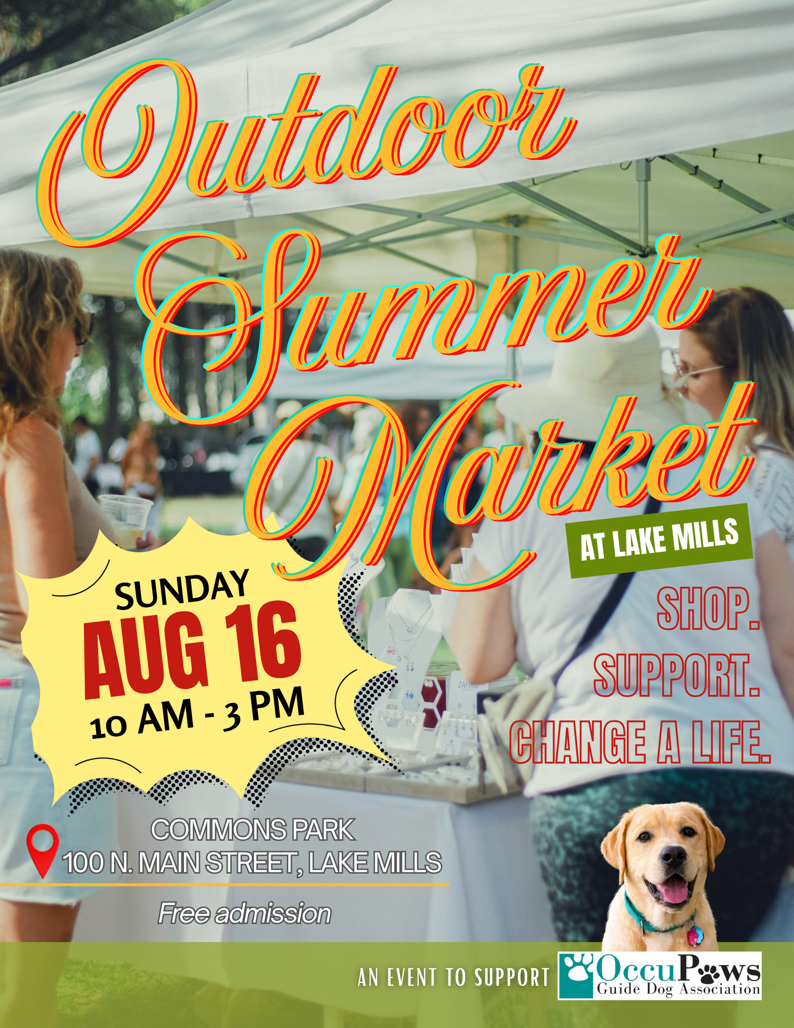 Bright poster advertising an Outdoor Summer Market at Commons Park with vendors and a dog-friendly event; free admission.