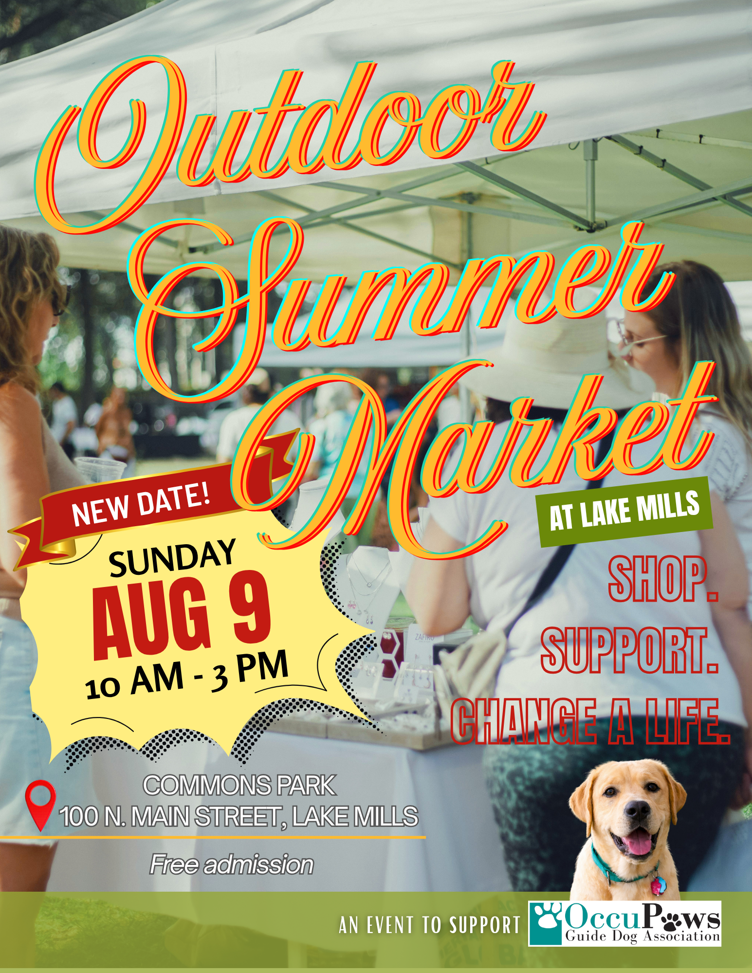 Promotional poster for an Outdoor Summer Market at Commons Park, Lake Mills, with event details and a dog image in the corner.