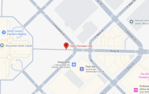 Map with a red pin marking Hans Christian Heg near the Wisconsin State Capitol in Madison, at the King/Main street area