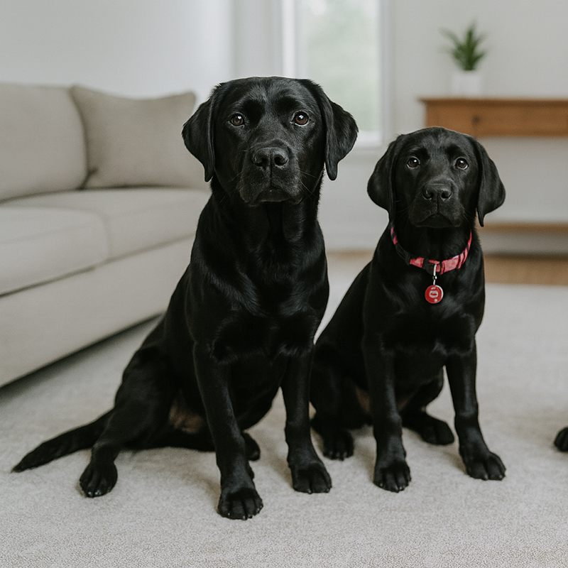 Two black dogs sitting on a light-colored living room carpet, look directly at the camera.