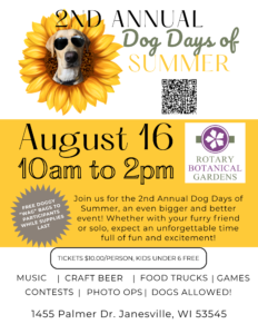 2026Dog Days of Summer Flyer - OccuPaws Dog wearing sunglasses inside a bright sunflower frame, promoting the 2nd Annual Dog Days of Summer with a QR code nearby.