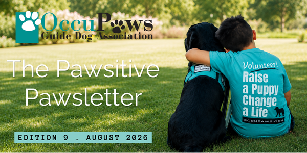 Banner for The Pawsitive Pawsletter, Edition 9 — August 2026, showing a volunteer with a puppy on a sunny grassy field; Guide Dog Association logo in top left.